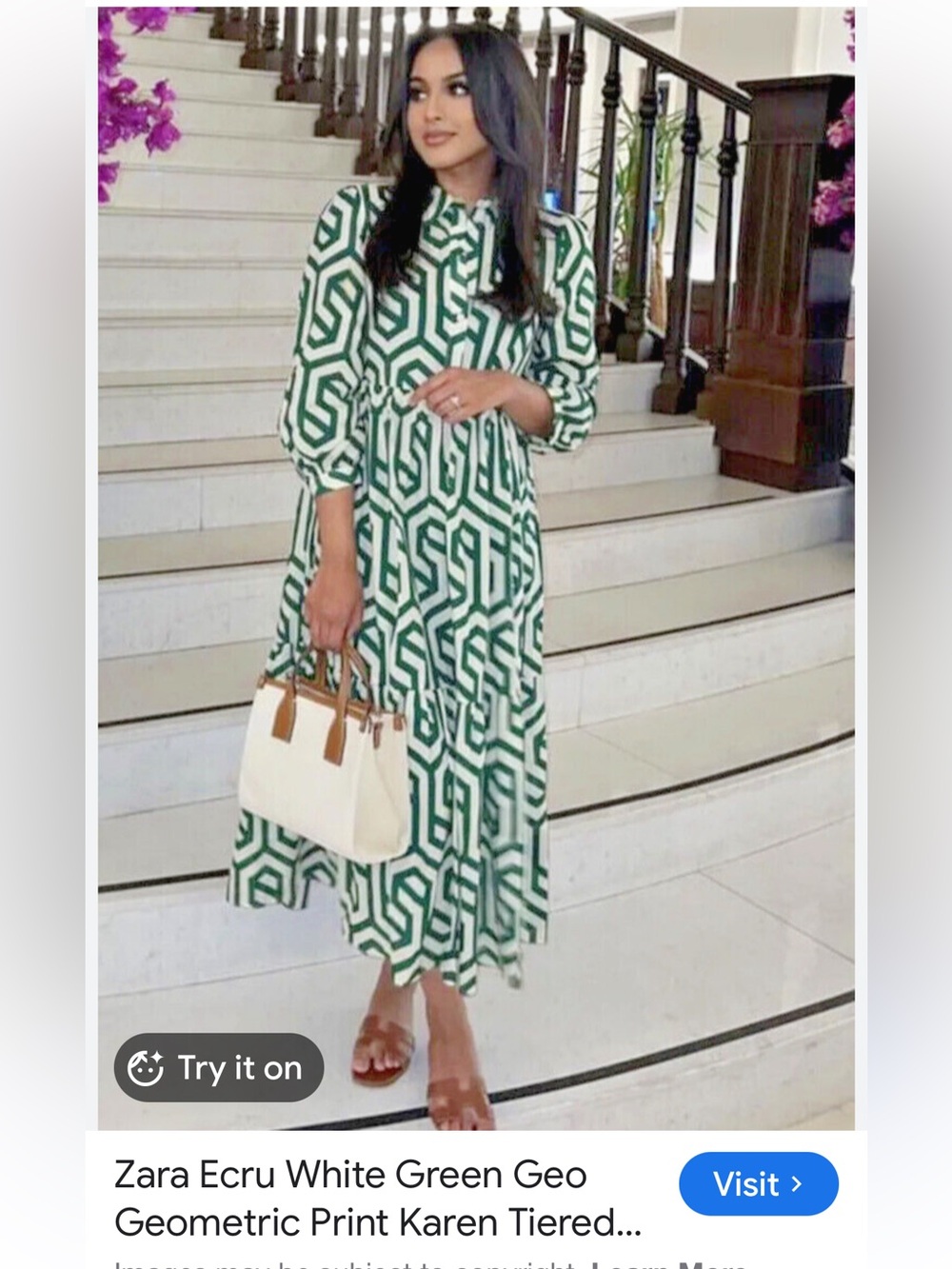 Zara White & Green Geometric Tiered Karen Midi Dress in Size Small. 100% Cotton